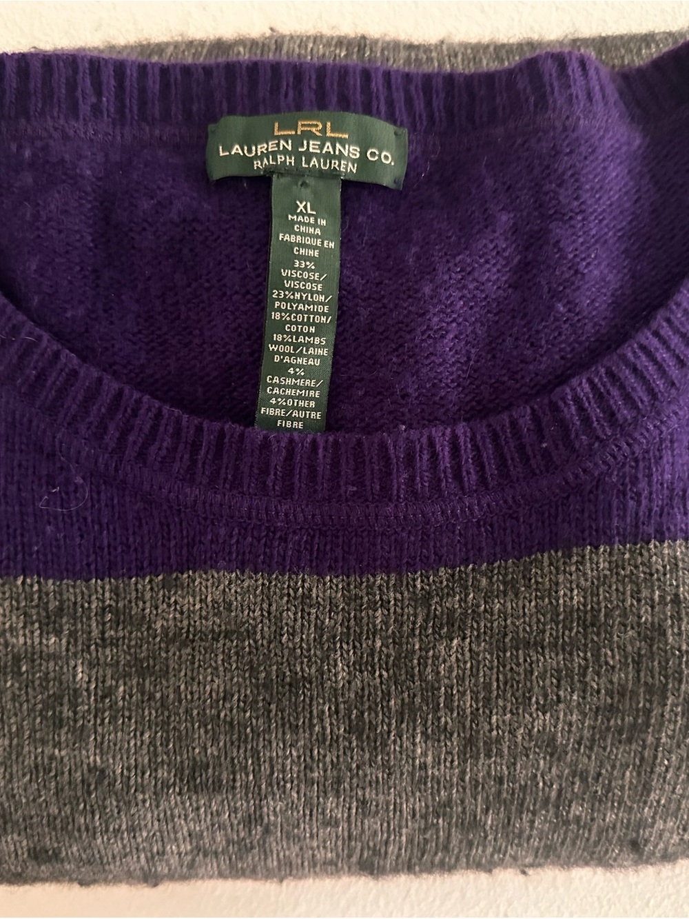 Lauren Ralph Lauren Purple and Gray Colorblock Crewneck Sweater